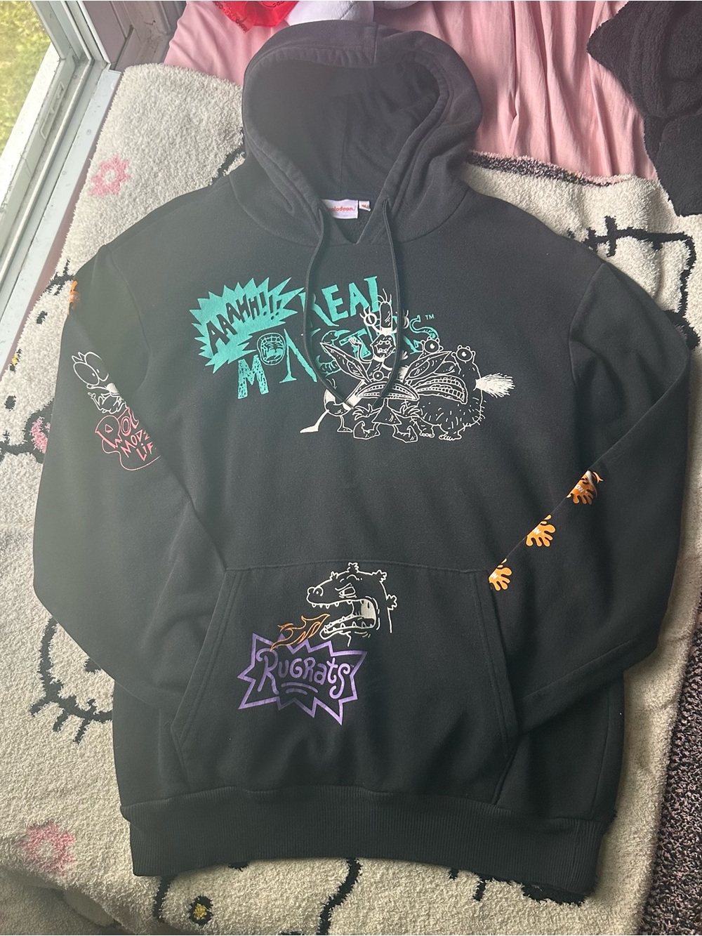 Nickelodeon Black Crewneck Hoodie with Teal Purple and Orange Rugrats Graphics